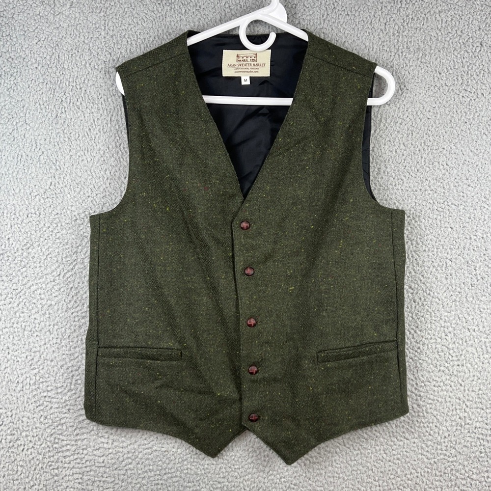 Aran Sweater Market Mens Donegal Tweed Wool Vest Green Waistcoat Ireland Size M